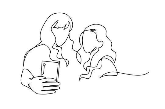 Continuous One Line Drawing of Selfie lgbt lover couple. Two friends holding smartphone, making selfie