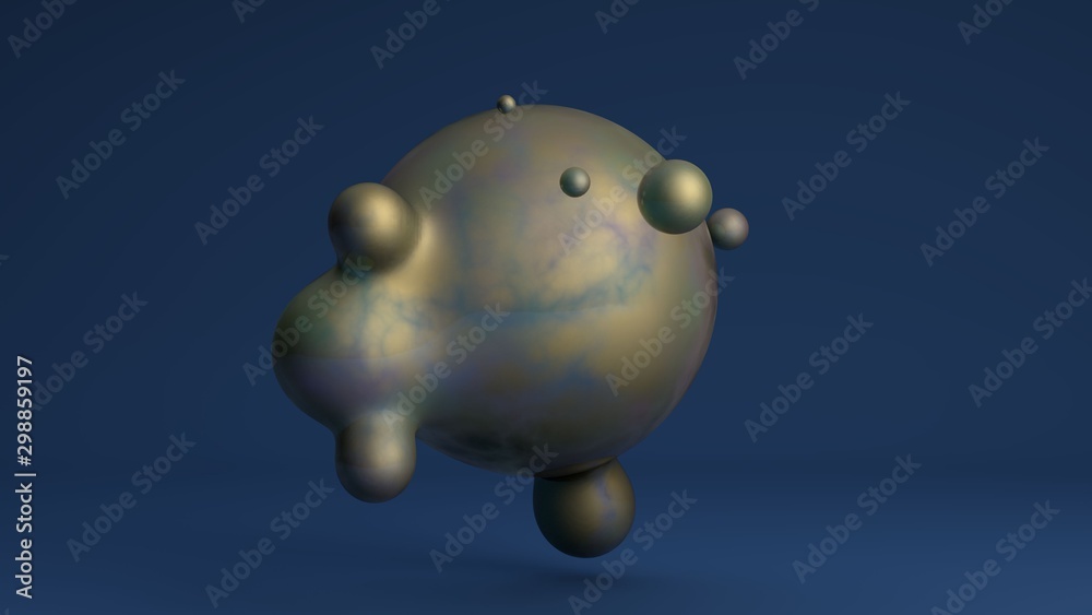Poster 3d rendering of liquid gold. the big sphere merges with the small. the composition of futuristic des