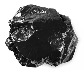 Crumpled plastic black garbage roll ball isolated on white background