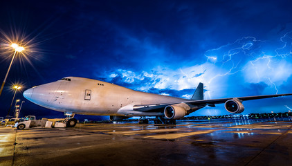 jumbo aircraft in thunderstorm/rian/bad weather