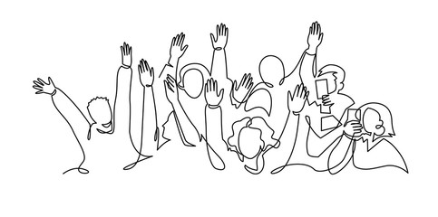 Illustration de foule joyeuse acclamant. Les mains en l& 39 air. Groupe d& 39 applaudissements de personnes dessin vectoriel continu d& 39 une ligne.