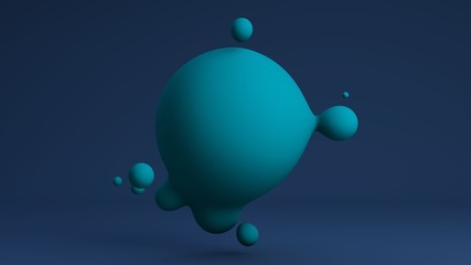 3D rendering of blue liquid, not transparent. The big sphere merges with the small. The composition of futuristic design on a dark reflective background. Idea for desktop background images.