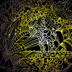 Hand-drawn floral ornament. Bright outline. Psychedelic pattern