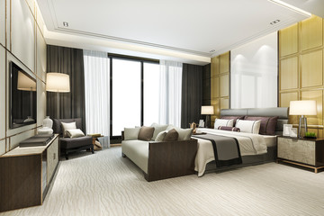 3d rendering classic beautiful luxury bedroom suite in hotel with tv - obrazy, fototapety, plakaty