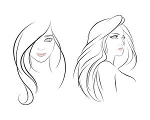 girl face long hair portrait isolated on white background. hand drawn vector illustration