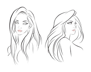 girl face long hair portrait isolated on white background. hand drawn vector illustration