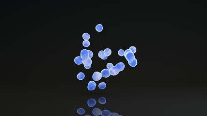 3D rendering of luminous droplets on a black background. Drops of blue liquid in space and weightlessness merge with each other. Abstract, futuristic design isolated on black, reflective background.