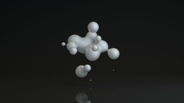 3D rendering of luminous droplets on a black background. Drops of white liquid in space and weightlessness merge with each other. Abstract, futuristic design isolated on black, reflective background.