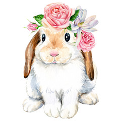 poster, schattig konijntje met rozen bloemen op een afgelegen witte achtergrond, dieren illustratie