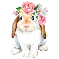 Fotobehang Schattige konijntjes poster, schattig konijntje met rozen bloemen op een afgelegen witte achtergrond, dieren illustratie