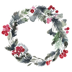 .Watercolor christmas wreaths on a white background. Christmas coniferous wreath, wreath with berries, pine, green, fluffy, snowy