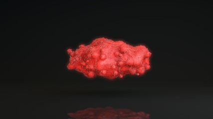 3D rendering of a cloud of many drops of red liquid, blood cells. the drops are covered with black dots of viruses. The idea of health and medicine.
