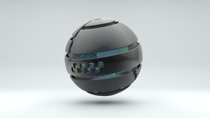 3D rendering of a large metal sphere consisting of many segments. Inside the sphere is a large transparent ball with an iridescent surface, liquid. Element of futuristic design, geometric abstraction.