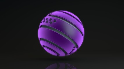Obraz premium 3D rendering of a large purple sphere consisting of many segments. Inside the glowing sphere is a metal ball with a corrugated surface, a liquid. Element of futuristic design, geometric abstraction.