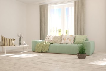 Fototapeta premium Stylish room in white color with sofa. Scandinavian interior design. 3D illustration