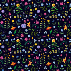Vintage floral seamless pattern with abstract fancy flowers in folk painting style.