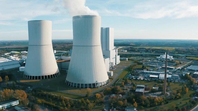 Top Aerial View Of A Working Coal Burning Power Plant At An Industrial Zone