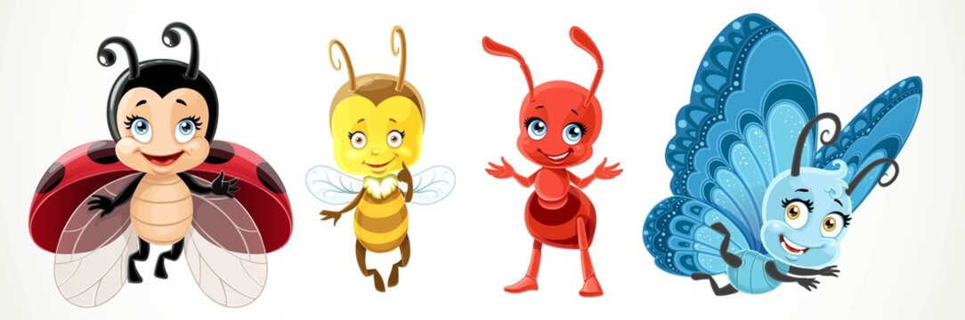 Cute cartoon ladybug, bee, blue butterfly and red ant isolated on a white background