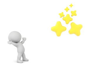 3D Character is happy looking at shiny yellow stars
