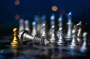 winner of chess game board, golden victory king win in successful business competition