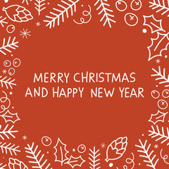 Creative hand drawn card with Christmas trees and cones: Merry Christmas and Happy New Year. Vector illustration for winter holidays and Christmas design