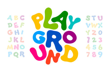 Children's style colorful font, playful alphabet, letters and numbers