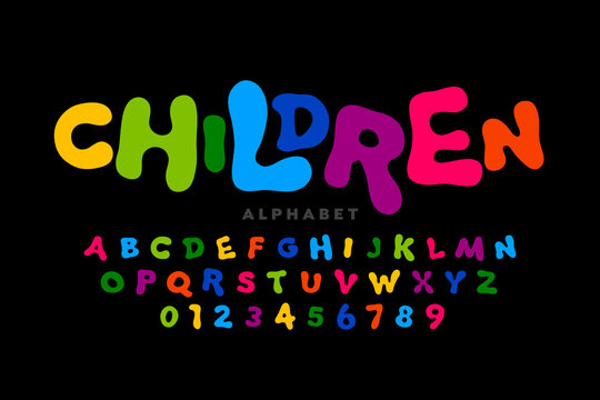 Children's style colorful font, playful alphabet, letters and numbers