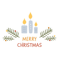 Christmas card with trees and candles. Vector cartoon illustration. Hand drawn typography poster.
