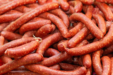 Closeup of a lot of meat sausages