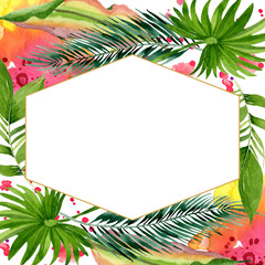 Palm beach tree leaves jungle botanical. Watercolor background illustration set. Frame border ornament square.