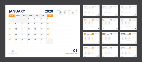 2020 calendar planner set for template corporate design week start on Sunday.