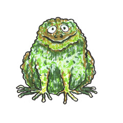 Funny cartoon big green toad with pimples, big eyes and smile. Frog illustration with markers isolated on white background. For design of postcards, invitations for holidays, Halloween