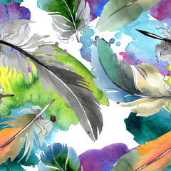 Naklejki  Kolorowe pióro ptak od skrzydła na białym tle. Zestaw ilustracji tle akwarela. Bezszwowe tło wzór.