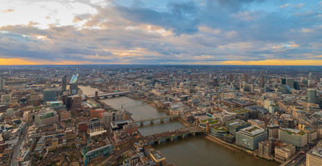Aerial view of London skyline at dusk