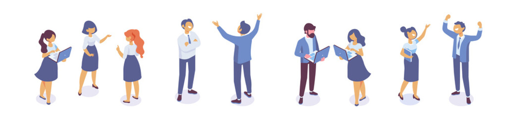 Isometric business men and women standing and having conversation. Horizontal banner. Talking. Business people team. Disscussing new idea. Coworkers. Vector isolated isometric characters.