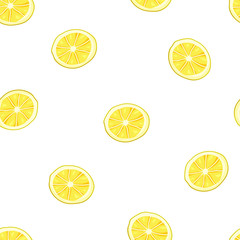 Seamless food pattern. Cartoon lemon on white background. Flat vector illustration for textile, paper, packaging. Hand drawn citrus fruit