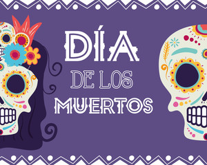 dia de los muertos card with catrina and skull heads - obrazy, fototapety, plakaty