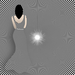 A woman in a stylish striped dress observes a mysterious light in a surreal op art beauty and fashion illustration.