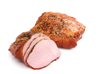Smoked pork ham isolated on a white background. Cold cuts made of pork meat.