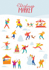 Vector Christmas winter market design for holiday with shopping and active people