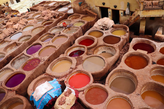 Different colored leather tanneries in the medina of Fes in Morocco