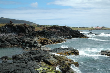 Panoramic view of the coast from the town of Hanga Roa on Easter Island
