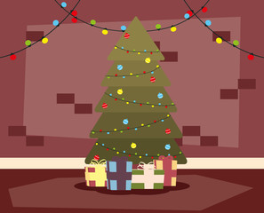 happy mery christmas house place with tree and gifts scene