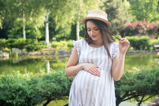 Sexy brunette pregnant woman in park. Summer day, sunset