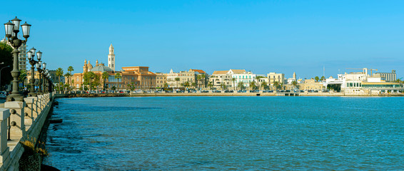 Panoramic view of Bari seafront in the background Basilica San Nicola. Apulia.