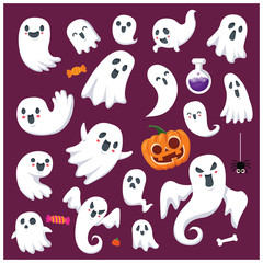 Vintage Halloween poster design with vector ghost character set. 