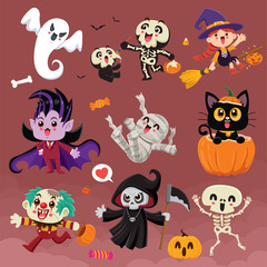Vintage Halloween poster design with vector vampire, reaper, demon, witch, clown, ghost, skeleton, mummy, pumpkin, jack o lantern, character set. 