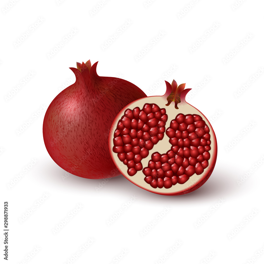 Wall mural Realistic colored juicy slice of red pomegranate. Isolated half of ruby colorful pomegranate and whole round fruit on white background.