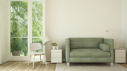 Living room in home and nature view - Relax area in living room and forest view background - Interior simple design for residential artwork - 3D Rendering