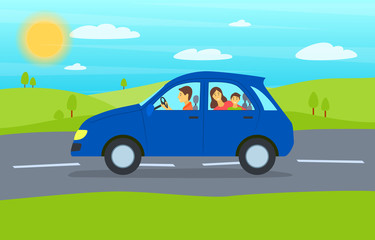 Cartoon Family Journey by Blue Car. Vector
